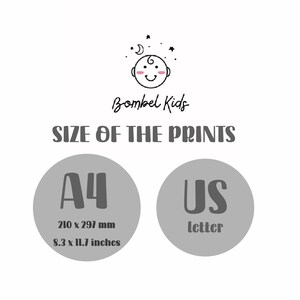 May include: A white background with the text "Bombel Kids" and "SIZE OF THE PRINTS". Two gray circles display print sizes: A4 (8.3 x 11.7 inches) and US Letter.