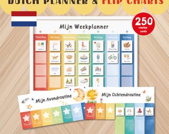 May include: A Dutch planner and flip chart set. The main planner displays a weekly schedule with illustrated routine cards. Additional charts detail morning and evening routines. The set includes 250 routine cards. The text on the planner says "Mijn Weekplanner".