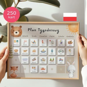 May include: A weekly planner chart with a brown bear, fox, and rabbit illustration. The chart is divided into seven days of the week: Monday, Tuesday, Wednesday, Thursday, Friday, Saturday, and Sunday. Each day has a set of icons representing activities, such as playing outside, reading, bath time, and eating.