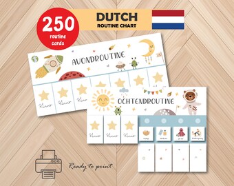 May include: A Dutch routine chart with the text "DUTCH ROUTINE CHART" and "AVONDROUTINE" and "OCHTENDROUTINE". The chart features illustrations of a rocket, planets, stars, a sun, and a bear in a spacesuit. The text "Ready to print" is also visible.