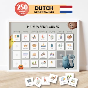 May include: A Dutch weekly planner with the text "MIJN WEEKPLANNER" and "DUTCH WEEKLY PLANNER". The planner includes 250 routine cards and illustrations for each day of the week. The planner is in a white frame.