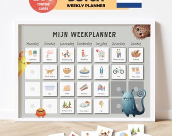 May include: A Dutch weekly planner with the text "MIJN WEEKPLANNER" and "DUTCH WEEKLY PLANNER". The planner includes 250 routine cards and illustrations for each day of the week. The planner is in a white frame.