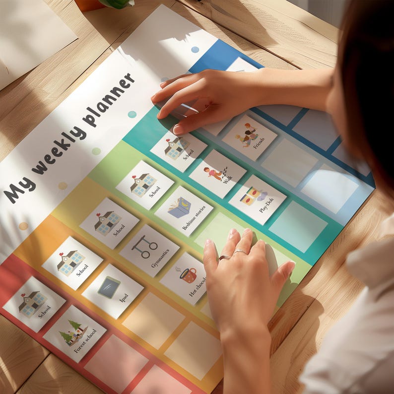 May include: A colorful weekly planner with the text "My weekly planner" at the top. The planner features illustrated activity cards for school, bedtime stories, and play. The planner is designed to help organize daily activities.