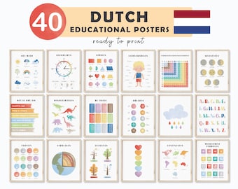 May include: Set of 40 colorful educational posters in Dutch, ready to print. The posters cover a variety of topics, including weather, time, shapes, body parts, emotions, continents, and more.