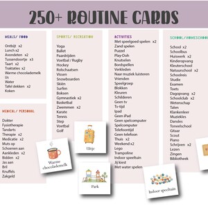 May include: A pink and purple chart with the text "250+ ROUTINE CARDS" at the top. The chart is divided into sections for daily routines, meals, sports, activities, school, and chores. Small illustrated cards are scattered throughout.