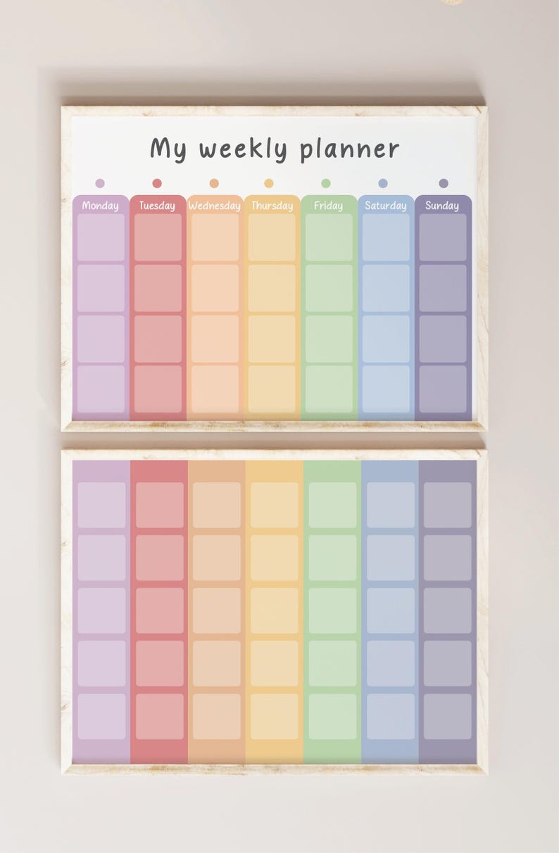 May include: Two framed weekly planners with a rainbow color scheme. Each planner has seven columns labeled Monday through Sunday. The text "My weekly planner" is at the top of the top planner.