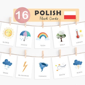Cartões flash meteorológicos poloneses, educação de idioma polonês, método montessori para crianças, aprendizagem bilíngue, materiais escolares poloneses