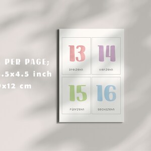 Op de afbeelding: Vier printbare kaarten met pastelkleurige nummers 13, 14, 15 en 16. De nummers zijn in het Duits geschreven: Dreizehn, Vierzehn, F&uuml;nfzehn en Sechszehn. De kaarten zijn 3,5 x 4,5 inch en kunnen 4 per pagina worden afgedrukt.