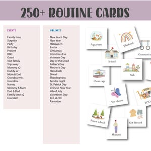 May include: A collection of illustrated routine cards with the text "250+ ROUTINE CARDS". The cards are categorized into "Going Out", "Events", and "Holidays". Individual cards depict activities like "Aquarium", "School", and "Gymnastics".