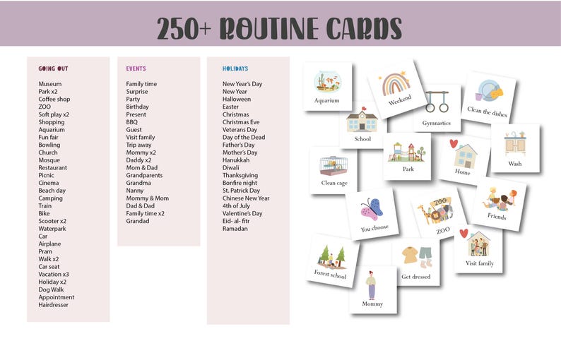 May include: A collection of illustrated routine cards with the text "250+ ROUTINE CARDS". The cards are categorized into "Going Out", "Events", and "Holidays". Individual cards depict activities like "Aquarium", "School", and "Gymnastics".