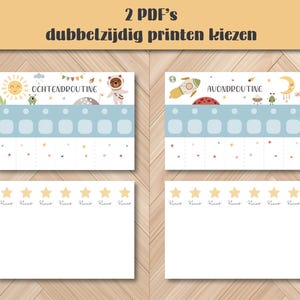 May include: Two printable PDF sheets with a light blue and white design. The top section features a sun, bear, and rocket ship. The text "OCHTENDROUTINE" and "AVONDROUTINE" are visible. The bottom section has stars.