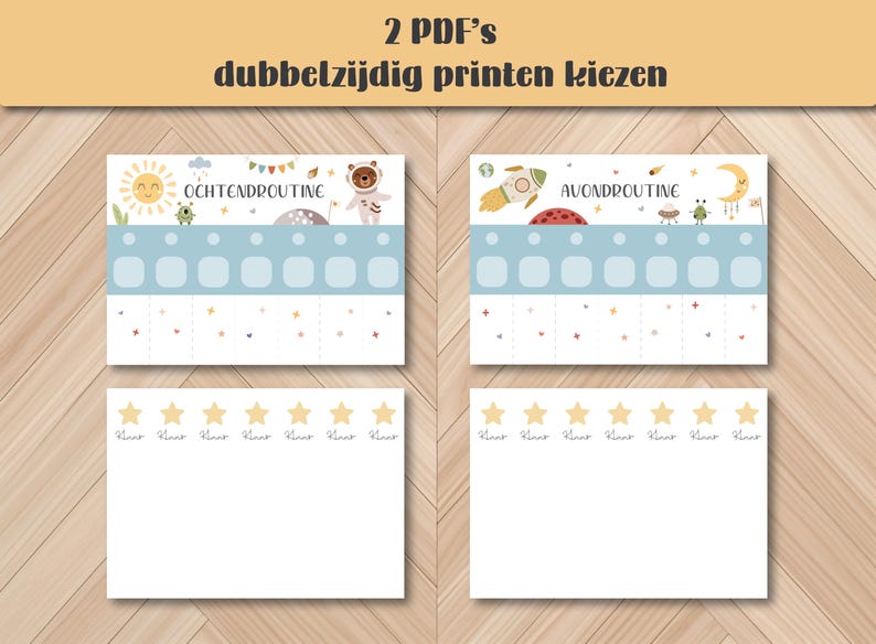 May include: Two printable PDF sheets with a light blue and white design. The top section features a sun, bear, and rocket ship. The text "OCHTENDROUTINE" and "AVONDROUTINE" are visible. The bottom section has stars.
