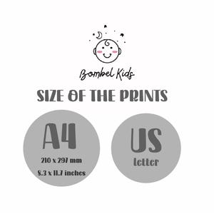 May include: A white background with the text "Bombel Kids" and "SIZE OF THE PRINTS". Two gray circles display print sizes: A4 (8.3 x 11.7 inches) and US Letter.