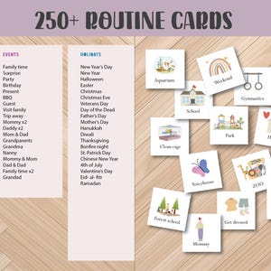 May include: A collection of illustrated routine cards with categories like "Going Out," "Events," and "Holidays." The cards feature various activities and events, including "Aquarium," "Weekend," and "Clean the dishes."