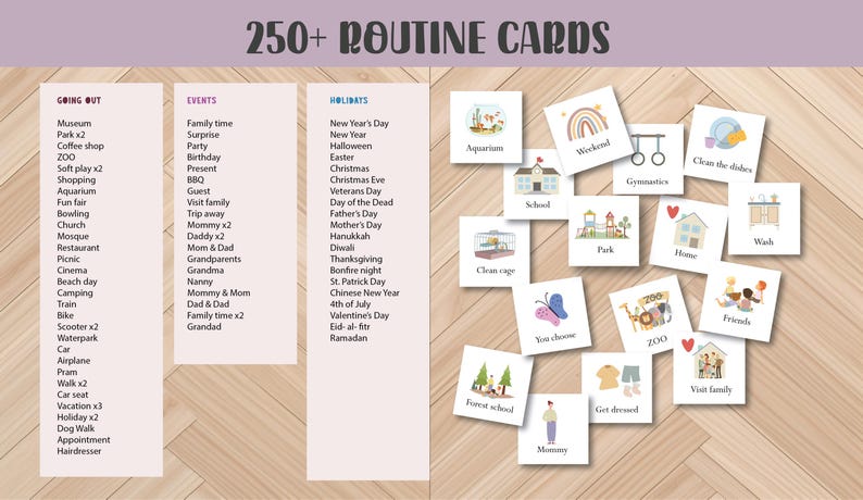 May include: A collection of illustrated routine cards with categories like "Going Out," "Events," and "Holidays." The cards feature various activities and events, including "Aquarium," "Weekend," and "Clean the dishes."
