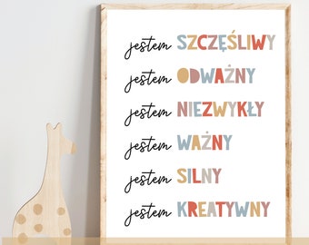 Kids Affirmation, Poster in Polish for Kids Room, Pozytywne Afirmacje Dla Dzieci po polsku, Room Decor for Bilingual Kids, Jestem.