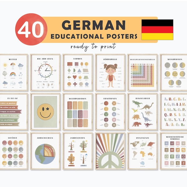 Posters éducatifs en allemand Poster en allemand Apprendre l'allemand Matériel Montessori pour professeur d'allemand Cartes d'allemand en allemand