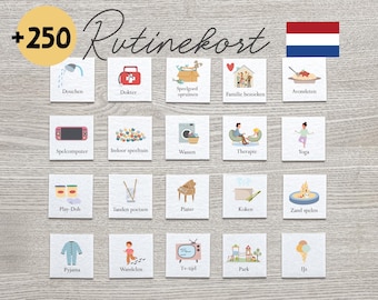 Op de afbeelding: Een set van 20 geïllustreerde kaarten met een Nederlandse vlag in de rechterbovenhoek. Elke kaart toont een andere activiteit of routine, zoals douchen, videogames spelen, tanden poetsen en naar het park gaan. De kaarten zijn wit met zwarte tekst en kleurrijke illustraties.