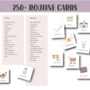 May include: A collection of illustrated routine cards with text in Dutch, including categories like "Going Out," "Events," and "Holidays." The cards feature icons and words for various activities.