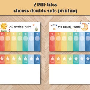 May include: Two PDF files with the text "choose double side printing" are displayed. The image shows two sets of colorful routine charts, one labeled "My morning routine" and the other "My evening routine". Each chart has a rainbow gradient.
