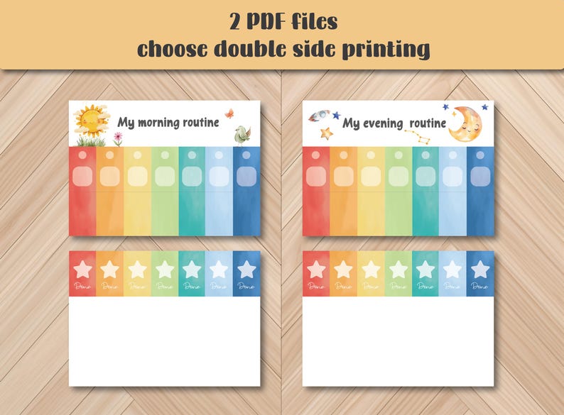 May include: Two PDF files with the text "choose double side printing" are displayed. The image shows two sets of colorful routine charts, one labeled "My morning routine" and the other "My evening routine". Each chart has a rainbow gradient.