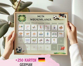 May include: A green and white weekly planner with the text "Mein Wochenplaner" in black. The planner has a soccer ball and a cartoon image of a child playing soccer. The planner has 28 squares with different activities for each day of the week. The text "+250 Karten German digitalen download" is at the bottom of the planner.
