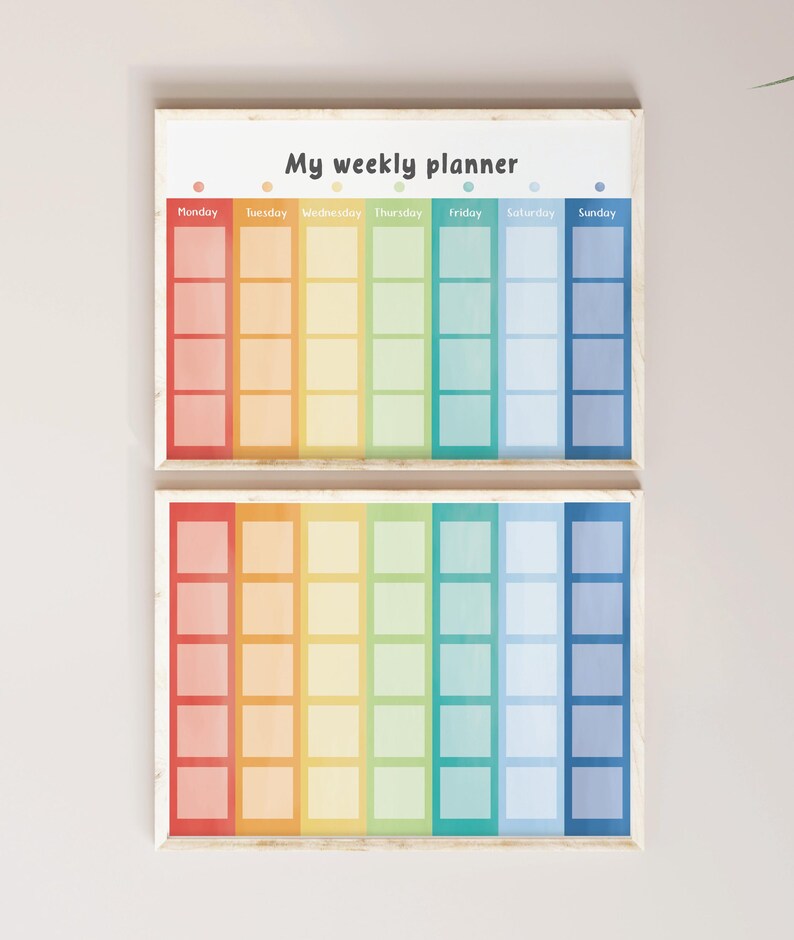 May include: Two wooden-framed weekly planners. Each planner features a rainbow gradient design with sections for each day of the week. The text "My weekly planner" is at the top. The color scheme includes red, orange, yellow, green, blue, and purple.