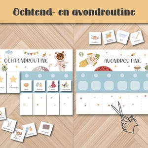 May include: A children's daily routine chart with the text "Ochtend- en avondroutine". The chart features illustrations of a sun, bear astronaut, rocket, and moon. Includes cards with images for morning and evening activities.