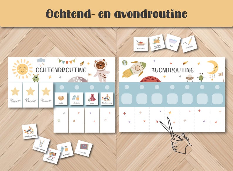 May include: A children's daily routine chart with the text "Ochtend- en avondroutine". The chart features illustrations of a sun, bear astronaut, rocket, and moon. Includes cards with images for morning and evening activities.