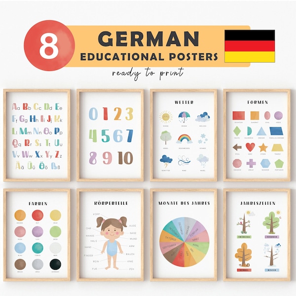 Posters allemands pour enfants apprentissage de l'allemand pour enfants, décoration de salle de jeux, cartes mémoire allemandes éducation Montessori pour salle de classe