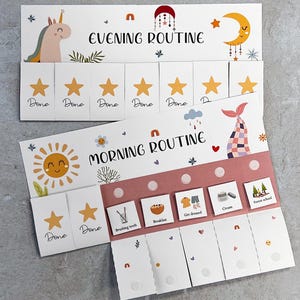 May include: A printable chart with a unicorn and a moon for an evening routine and a sun for a morning routine. The chart has spaces for stickers to mark tasks completed. The text on the chart reads "Evening Routine" and "Morning Routine".