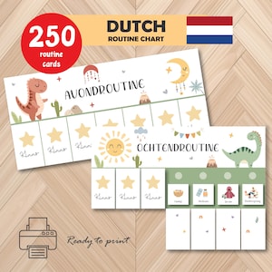 May include: A Dutch routine chart with the text "DUTCH ROUTINE CHART" and "AVONDROUTINE" and "OCHTENDROUTINE". The chart features illustrations of a dinosaur, sun, moon, and stars. The chart is ready to print and includes 250 routine cards.
