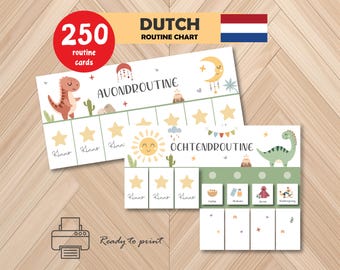 May include: A Dutch routine chart with the text "DUTCH ROUTINE CHART" and "AVONDROUTINE" and "OCHTENDROUTINE". The chart features illustrations of a dinosaur, sun, moon, and stars. The chart is ready to print and includes 250 routine cards.