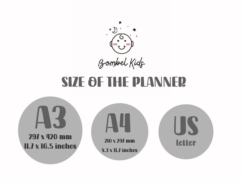 May include: A gray circle with the text "A3" and the measurements "297 x 420 mm" and "11.7 x 16.5 inches". A gray circle with the text "A4" and the measurements "210 x 297 mm" and "8.3 x 11.7 inches". A gray circle with the text "US" and the word "Letter". The text "Bombel Kids" and "SIZE OF THE PLANNER" are above the circles.