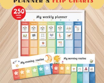 Kids Daily Planner & Morning and Evening Routine Chart Set – Children’s Visual Schedule for Kids Weekly Planner