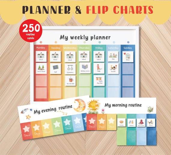 Kids Daily Planner & Morning and Evening Routine Chart Set – Children’s Visual Schedule for Kids Weekly Planner