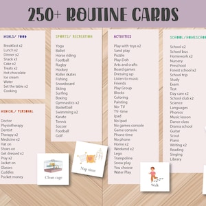 May include: A visual aid with over 250 routine cards, categorized by daily routines, meals, sports, activities, school, and chores. Includes illustrated cards for visual learners, such as "Wake up" and "Play Doh."