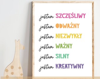 Kids Affirmation, Poster in Polish, Positive affirmations,   Afirmacje Dla Dzieci , Room Decor for Bilingual Kids, Jestem.