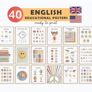 40 carteles educativos para niños, paquete educativo, imprimibles para la educación en el hogar, carteles de aprendizaje preescolar, educación Montessori, decoración retro para el aula