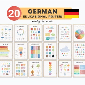 May include: A set of 20 German educational posters, ready to print. The posters cover topics like weather, shapes, emotions, and the alphabet. Each poster is framed in a light wood color, with colorful illustrations and text.