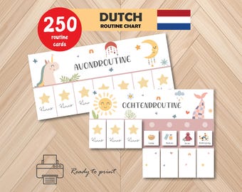 May include: Two printable Dutch routine charts with illustrations of a unicorn, sun, moon, and stars. The charts are labelled "Avondroutine" and "Ochtendroutine" with spaces for stars. A red circle reads "250 routine cards."