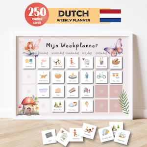 Puede incluir: Un planificador semanal holandés enmarcado en blanco con 250 tarjetas de rutina. El planificador presenta ilustraciones para cada día de la semana, con el texto "Mijn Weekplanner" en la parte superior. Incluye una bandera holandesa y las palabras "DUTCH WEEKLY PLANNER".