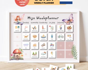 May include: A white framed Dutch weekly planner with 250 routine cards. The planner features illustrations for each day of the week, with the text "Mijn Weekplanner" at the top. The planner includes a Dutch flag and the words "DUTCH WEEKLY PLANNER".