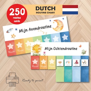 Puede incluir: Dos coloridas tablas de rutina holandesas con el texto "Mijn Avondroutine" y "Mijn Ochtendroutine". Las tablas presentan ilustraciones de una luna, un sol, estrellas y otros iconos. Un círculo rojo indica "250 routine cards".