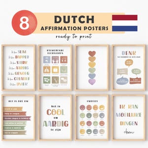 Könnte beinhalten: Acht druckbare niederländische Affirmationsposter mit bunten Illustrationen und Text. Die Poster enthalten Sätze wie "Ik ben slim", "Het is cool om aardig te zijn" und "Ik kan moeilijke dingen doen".