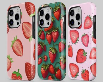 Strawberry Case Aesthetic Fruit TOUGH Cover fit for iPhone 15 Pro Max, 14 Plus, 13, 12, 11, XR & Samsung S24, S23, A54, A53, Pixel 8 Pro, 7
