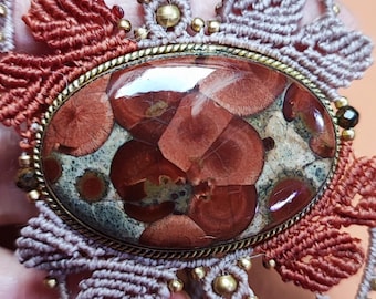 Cuff bracelet - micro macrame - Peanut Obsidian cabochon