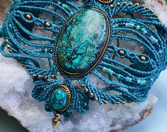 Cuff bracelet - micro macrame - turquoise gemstone