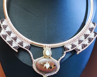 Torque necklace - micro macrame necklace - bib necklace - wild septaria cabochon