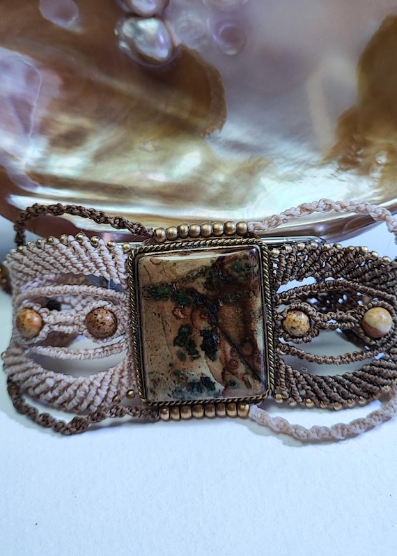 bracelet manchette - micro macramé - cabochon jaspe paysage